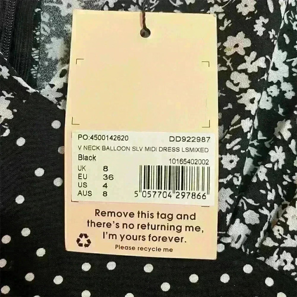 Missguided V Neck Balloon Sleeve Midi Dress Black Floral Polka Dot UK 8 US 4 - Picture 5 of 9